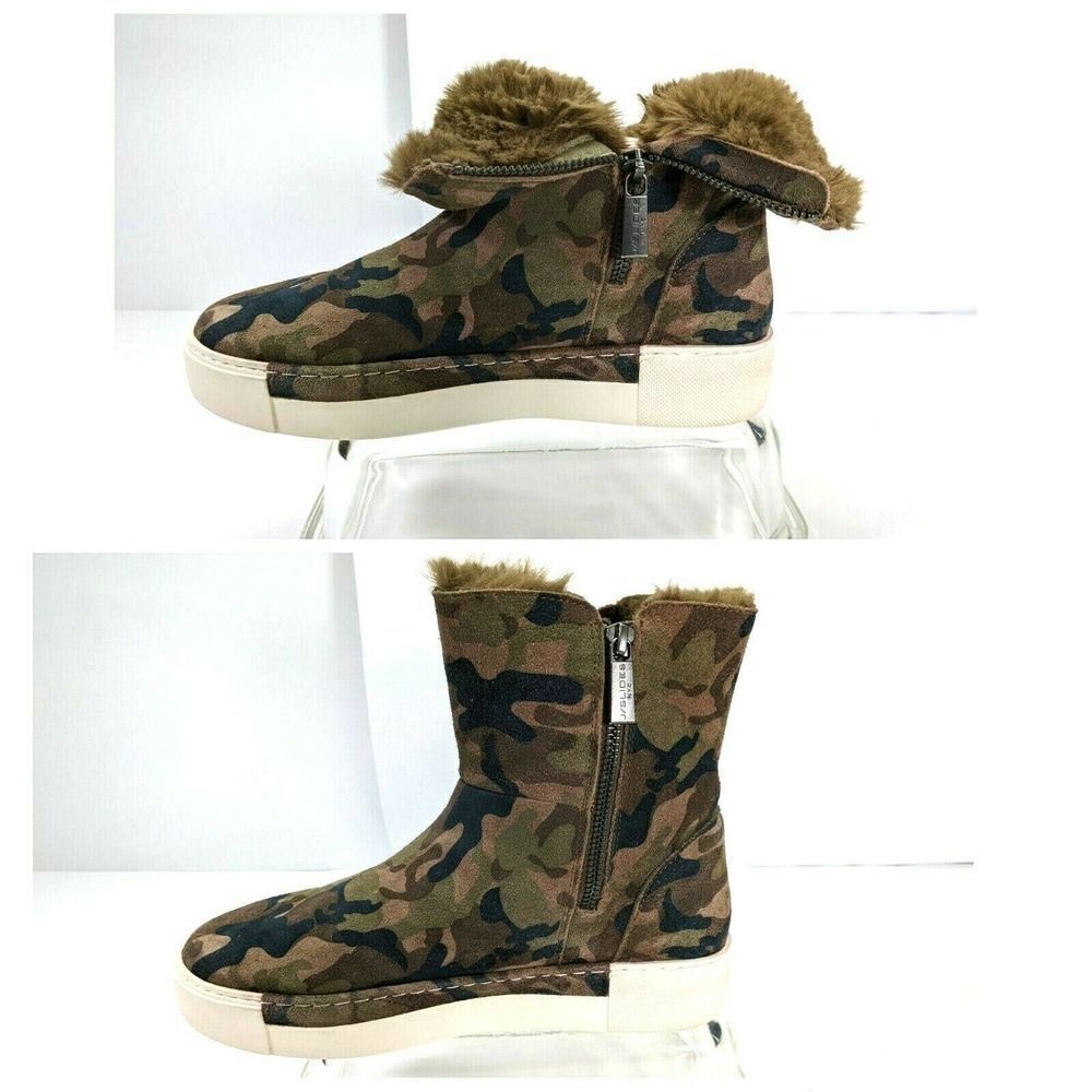 J/SLIDES Womens Size‎ 8 Camo Boot Sneaker Faux Fur Real Suede  Victory Zip Sides